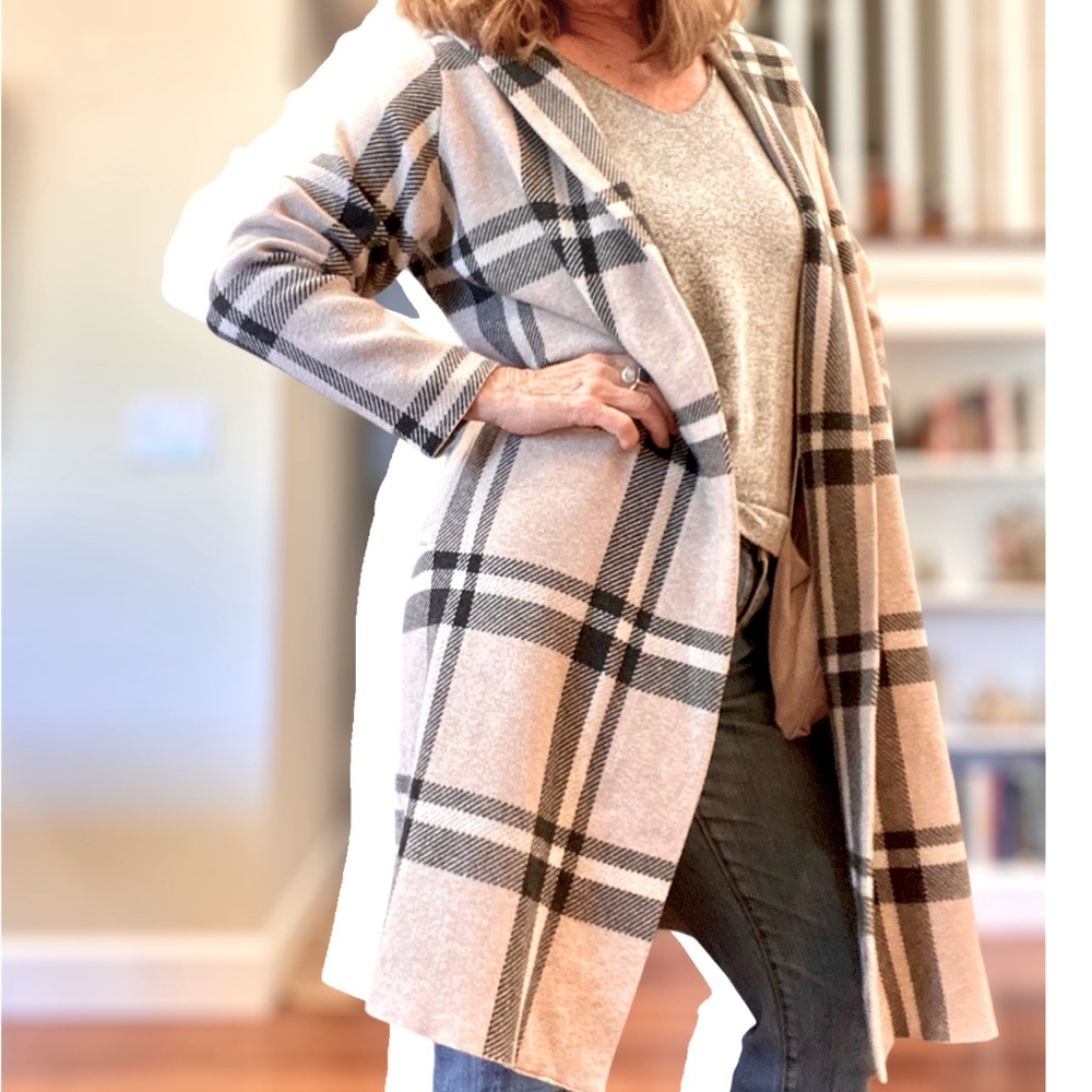 NWOT Max Studio hooded sweater coat long cardigan oatmeal charcoal gray plaid 1X